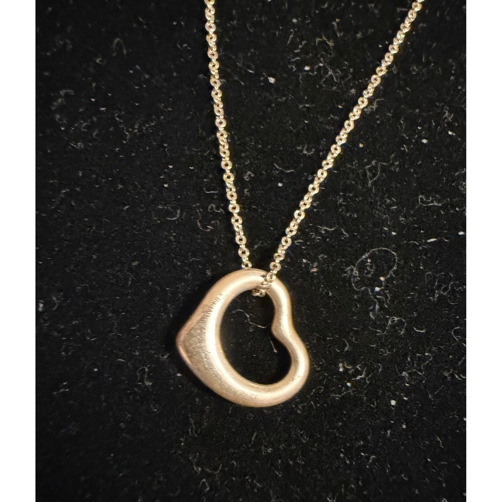 Tiffany Co. Elsa Peretti Sterling Silver Open Heart Necklace Pendant Set 16"